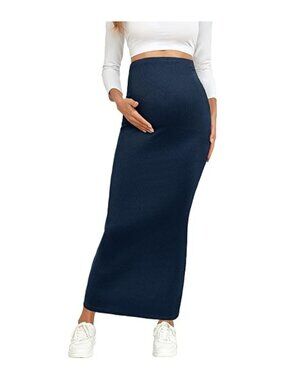 AISWI Maternity Maxi Skirt Rib Knit Over Belly Adjustable Waist Stretchy